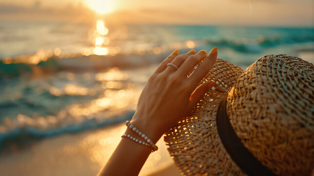 Woman's hand adjusting a sun hat, with the sun setting over the ocean. The elegant jewelry and soft lighting emphasize a calm and stylish atmosphere, perfect for fashion and travel marketing