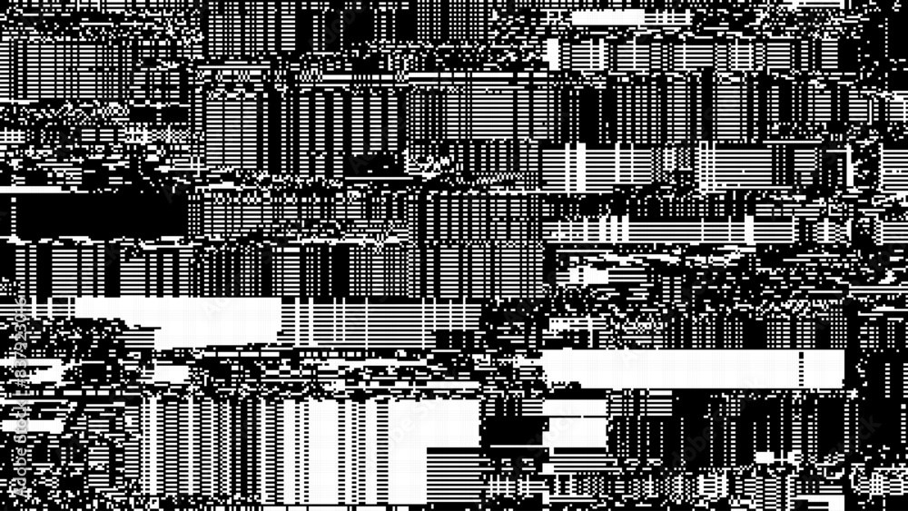 Poster Glitch CCTV Monitor Digital Pixel Lines Background. Abstract Signal Damage Noise Effect. Video Damage Error. VHS Overlay Texture. Vector Illustration.
