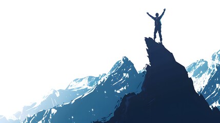 Triumphant Businessman Celebrating Achievement at Mountain Summit on a Clean, White Background