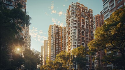 Obraz premium Buildings in city, summer, daylight. Generative AI.
