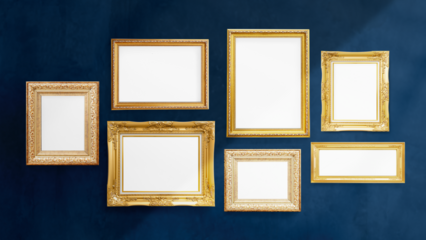 Luxurious baroque frame mockups hanging on a dark blue wall