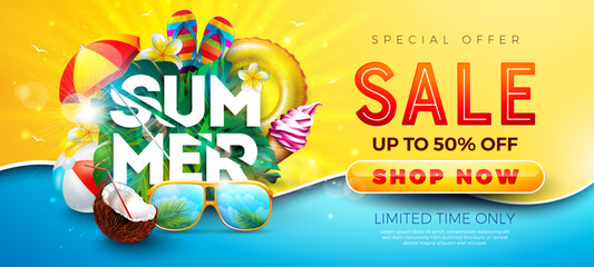 Fototapeta premium Summer Sale Design with Beach Ball, Sunglasses and Text Label on Yellow Background. Tropical Floral Vector Holiday Illustration with Special Offer Typography for Coupon, Voucher, Banner, Flyer
