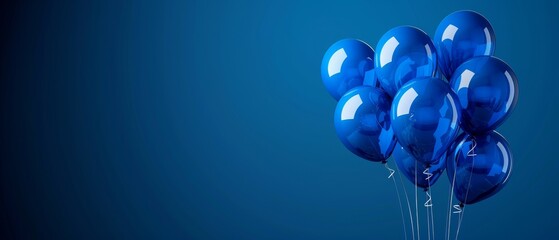 Floating blue balloons, dark blue background, party celebration theme, generous space for text