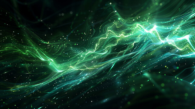 abstract green energy waves with glowing particles on a dark background