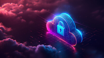 Abstract illustration of cloud security services with a secure padlock symbol, representing data protection and cybersecurity in cloud computing.