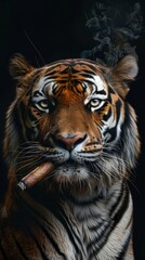 Fototapeta premium Tiger smoking cigar on black background
