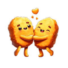 Two Chicken Nuggets characters are hugging each other happily 