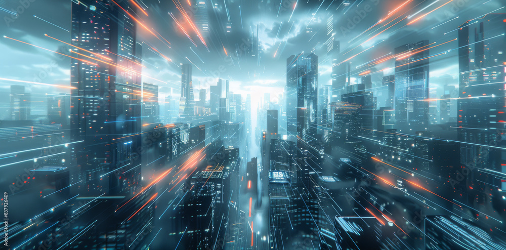 Leinwandbilder futuristic cityscape with digital screen buildings displaying tech ads. generative ai.
