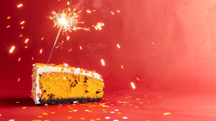 Slice of pumpkin confetti cake with a lit sparkler on a vibrant red background.