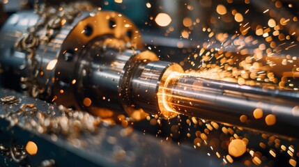 Metalworking machine producing sparks while shaping a metal rod in a factory setting.