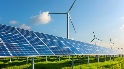 Solar panels and wind turbines produce electricity