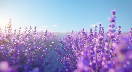 Fototapeta premium Lavender field with a blurred background of a blue sky and distant mountains, a real photo, closeup of lavender flowers