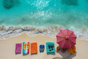 Naklejka premium flip flops on the sand, Imagine Step into a summer paradise with a vibrant tropical beach scene, complete with sunbathing accessories such as colorful towels