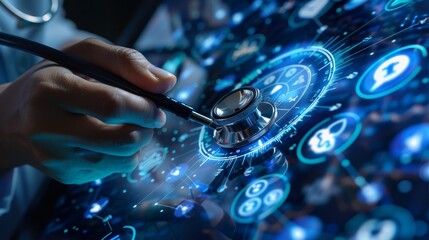 Digital Healthcare Revolution Doctor Embracing Technology with Floating Medical Icons