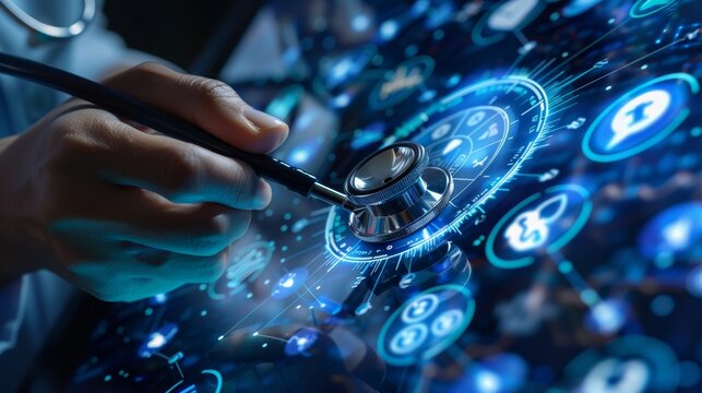 Digital Healthcare Revolution Doctor Embracing Technology with Floating Medical Icons - Powered by Adobe