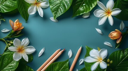 Composition of jasmine flower taro leaves with colored pencils on a colored background. Space for...