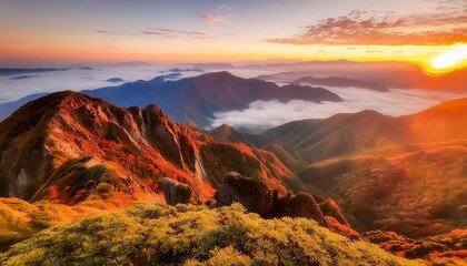 Fototapeta premium A breathtaking sunrise over a mountain range with blooming pink flowers in the foreground, mist covering the valleys, and a colorful sky. 