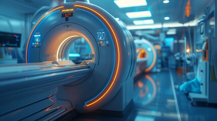 Detailed close-up of a CT scan machine, futuristic medical lab, capturing diagnostic precision, health care technology innovation, hospital setting