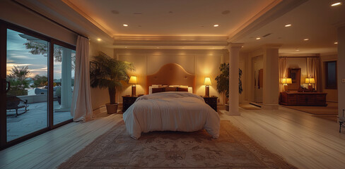 Inside the cosy master bedroom of a luxury beautiful home, at dusk. Generative AI.