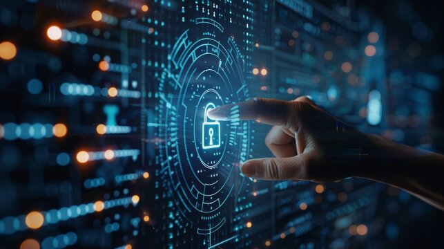 Digital Security Unlocking Privacy with Virtual Touch Conceptual Stock Image of Hand Interacting with Lock Icon on Screen