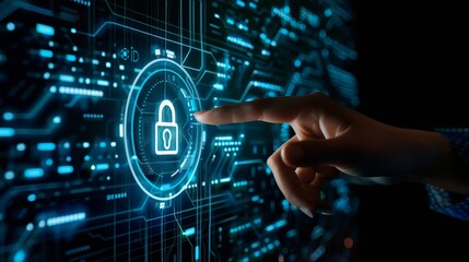 Digital Security Unlocking Privacy with Virtual Touch Conceptual Stock Image of Hand Interacting with Lock Icon on Screen