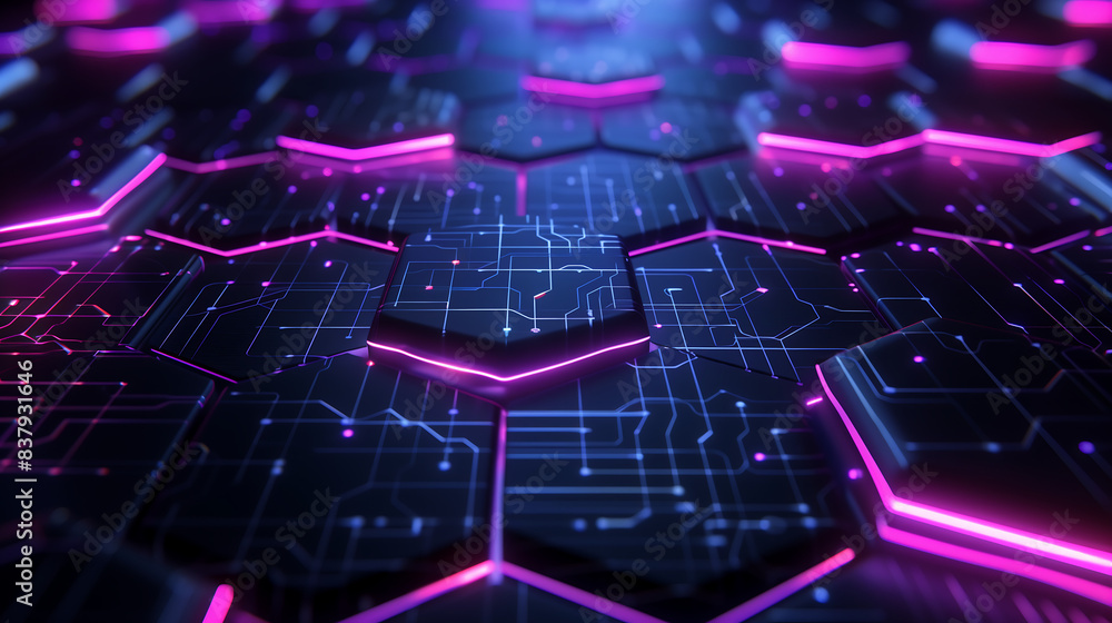 Poster futuristic pattern of interconnected, glowing hexagonal shapes in neon colors on a dark background, 