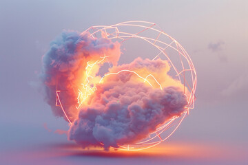 A clean and contemporary depiction of a neon-lit cloud encircled by a circular frame of geometric shapes, against a backdrop of solid white, creating a sense of harmony .