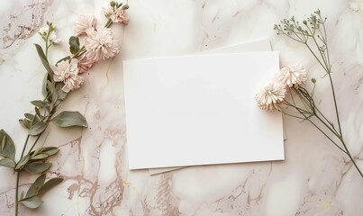 flat lay of blank white wedding invitation on marble table with flowers - Powered by Adobe