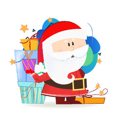 Cute Santa Claus character with gift boxes. Christmas design element. For greeting cards, leaflets, brochures, invitations, posters or banners.