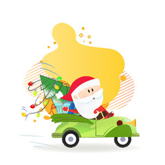 Naklejka premium Cute Santa Claus driving car with decorated fir-tree. Christmas design element. For greeting cards, leaflets, brochures, invitations, posters or banners.