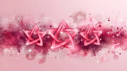 Vibrant pink ribbons with sparkles and watercolor splash on pastel background, abstract festive decoration, creative artistry, elegant design, trendy digital art, fantasy magic, fashionable texture