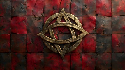 Vintage golden pentacle symbol on red and black tiled background mystical occult esoteric concept for stock photo featuring magic witchcraft pagan wiccan ritualistic sorcery mystery fantasy dark eerie