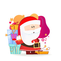 Cute Santa Claus with gift boxes. Christmas design element. For greeting cards, leaflets, brochures, invitations, posters or banners.