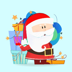 Cute Santa with gift boxes. Christmas design element. For greeting cards, leaflets, brochures, invitations, posters or banners.