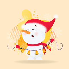 Cute snowman holding bells. Singing, snowflakes, winter. Can be used for topics like Christmas, New Year, character