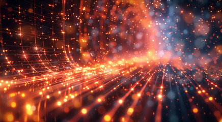 A high-tech illustration, showing a network of fiber optic cables in a data center, with visible pulses of light traveling at high speed, symbolizing data transfer and communication. Generative AI.