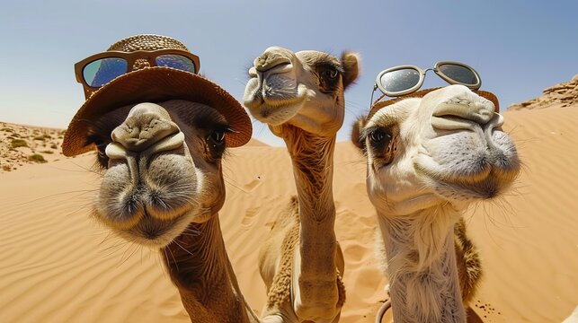 Three camels wearing hats and sunglasses take selfies in the desert