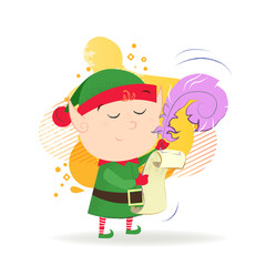 Happy Christmas elf writing letter to Santa. Vector illustration of cartoon element on blue background. Holiday, character, fairy tale. Can be used for greeting card, postcard, poster, leaflet