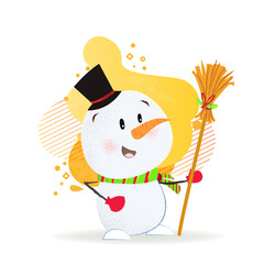 Happy cute snowman wearing hat and holding broom. Christmas design element. For greeting cards, leaflets, brochures, invitations, posters or banners.