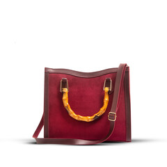 Maroon woman's bag with wooden handles isolated on white background