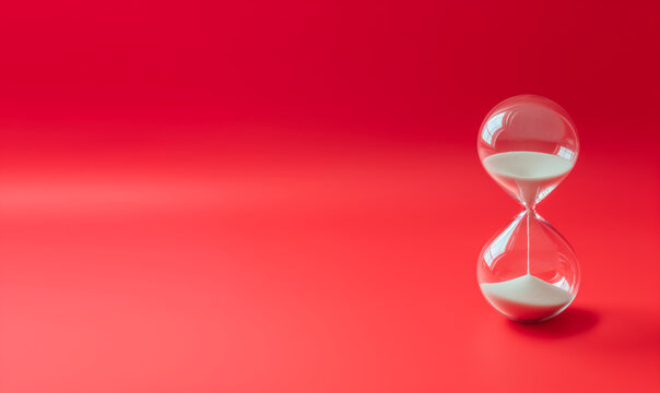 Hourglass on Red Background: Minimalist Time Concept with Transparent Sand Timer and Vibrant Red Backdrop - Symbolic Image for Time Management, Deadlines, and Urgency with Copy Space