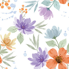 Blooming watercolor flowers vector seamless pattern. This pattern can be used for fabric textile wallpaper fashion design dress background.