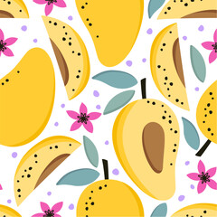 Seamless pattern with mango, leaves and flowers.