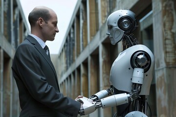 Closeup of a businessman and a robot shaking hands, symbolizing the future of business, science, and technology. Human and machine collaboration is revolutionizing our world.