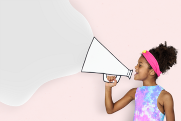 Little girl png holding mega phone pink background