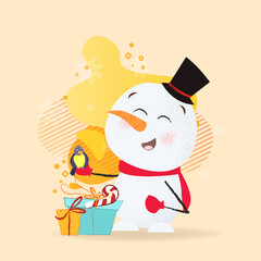 Laughing snowman postcard design. Drawing of snowman in black cylinder hat with bird and gift boxes on background with snowflakes. Can be used for topics like Christmas, holiday, festival, cartoon