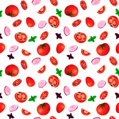 Tomato, onion and basil watercolor seamless pattern, on white background. For prints on textile, paper, clothes, plates and dishes design, decoration for kitchen, restaurant menus, recipes, cookbook