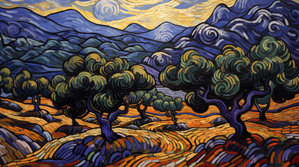 Expressionist art summer landscape with olive trees
