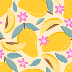 Seamless pattern with fresh mangoes, leaves and flowers.