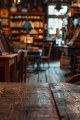 A wooden counter in the foreground with a blurred background of an antique shop. The background features vintage furniture, old books, and unique collectibles